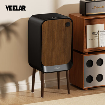 Veelar smart induction trash can for home use 2025 new model for living room and kitchen with high legs, large capacity, light luxury, creative and high-looking 20l - walnut wood grain (polar night black)