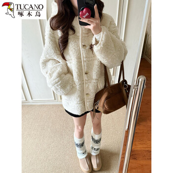 Woodpecker's beautiful white hooded sherpa jacket for women in winter thickened webbing fur all-in-one eco-friendly fur top s