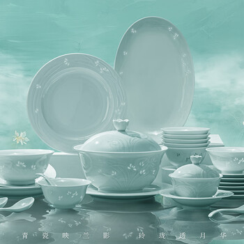 Rich jade ceramics jingdezhen chinese style exquisite high temperature shadow blue relief bowls and plates tableware set home light luxury high-end new product/huaxia lanyun 29 heads