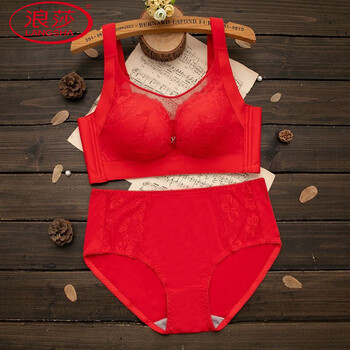 Langsha horse year of the zodiac big red underwear women's suit without wires small breast push up thick bra wedding thin bra 233 red (set) 95c