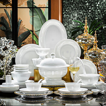 Nine cranes new chinese style high temperature white porcelain exquisite jingdezhen tableware set for home gift wedding and housewarming bowl and plate set white porcelain with ingot pot丨chinese exquisite porcelain