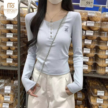Modal right shoulder long sleeve bottoming shirt for women autumn and winter new button round neck t-shirt milk blue top fashionable and versatile