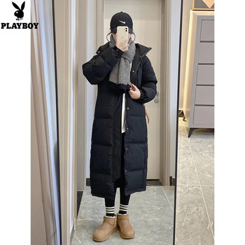 Playboy (playboy) same style down jacket for women in the movie, mid-length, knee-length hooded 2025 new winter white duck down thickened black jacket official flagship s