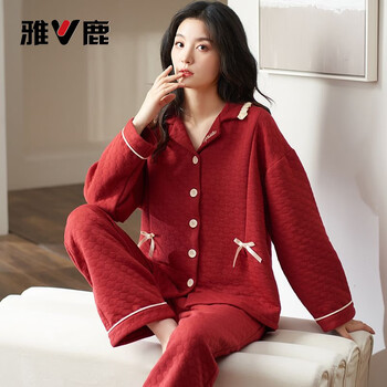 Yalu natal year wedding celebration natal red pure cotton couple pajamas for men and women autumn wedding three-layer thin quilted air brand high quality thin quilted women's 15226 m