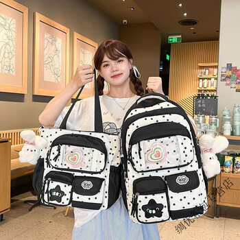 Ye yugao's good-looking transparent pain bag, lightweight backpack for high school and junior high school students, xingxing elementary school, large-capacity burden-reducing school bag, black two-piece set, love lollipop x2 + big-eared rabbit x2