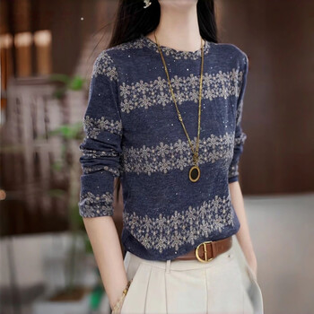 Su ning ning australian velvet bottoming shirt women's long-sleeved spring, autumn and winter new middle-aged and elderly mothers fashionable printed small shirt warm tops navy blue (no velvet) xl recommended 105-115 pounds