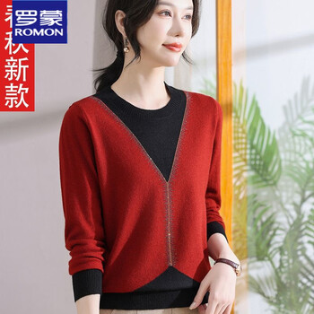 Luo meng's mother fake two-piece sweater plus velvet thickened sweater turtleneck top for middle-aged and elderly women's bottoming sweater 1a6862 without velvet red xl (100-115 pounds)