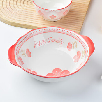 Xiangjia xileduofu series ceramic tableware chinese-style household ceramics spring festival gift tableware set underglaze color 2 8.5-inch pink and white double-ear bowls