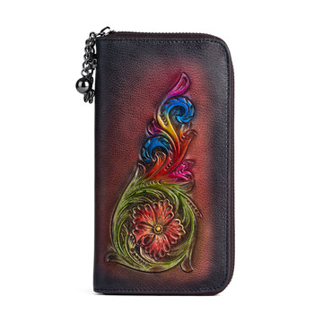 2025 new first-layer cowhide mid-length women's clutch bag embossed and colored retro fashion wallet one piece retro black