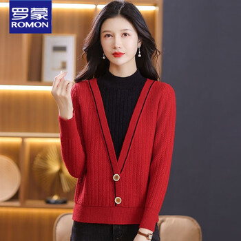 Romon cardigan women's half turtleneck pullover fake two-piece knitted top fashionable winter layer layer red black m (recommended 88-108 catties)