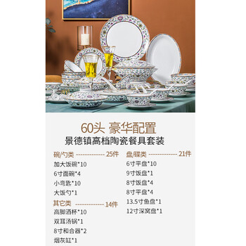 Hongye (rl) jingdezhen dish and plate set, ceramic european enamel tableware, tableware, wealth and good luck, 60 pieces
