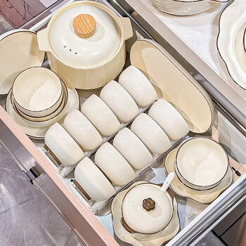 Lowe underglaze color tableware set bowl for home use 2025 new high-looking bowls, plates and chopsticks for moving into a new home, bowl and dish set for home recommended by the store manager reunion meal for ten people jade white brown 47-piece soup bowl set