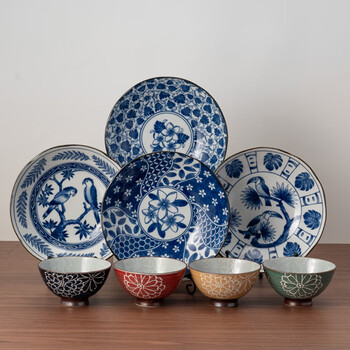 Mino yaki imported from japan household high-end ceramic tableware set japanese-style underglaze color high-value rice bowl and plate set plain painted chrysanthemum 8-piece set