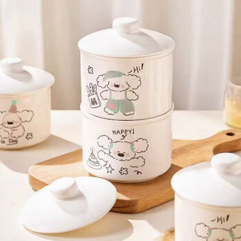 Baijie ceramic steamed egg bowl for household with lid for stewed eggs and egg custard, household water-proof stewed steaming dish, stew pot, cartoon steamed egg bowl (cake dog) 600ml