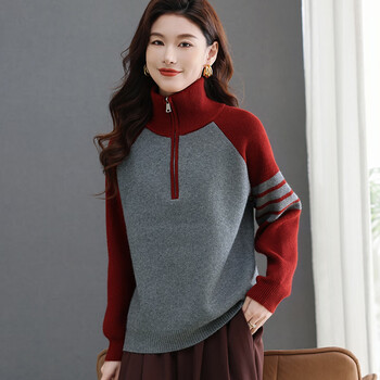 Romon half-zip turtleneck wool sweater for women winter new casual knitted bottoming shirt with large size color-blocking top thick gray red sleeves m