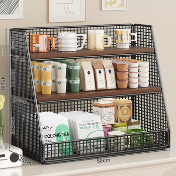 Yusenyi desktop storage rack table top multi-layer storage rack dining table snack rack water cup holder storage box on the table black frame walnut color 50cm long (large size)