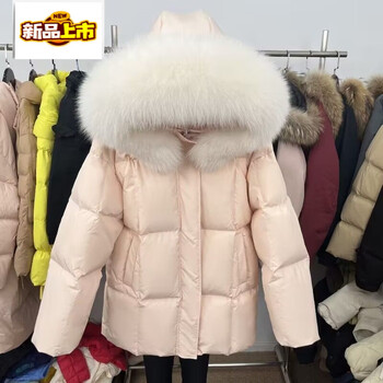 Chujing down jacket women's short short thick warm large fur collar loose jacket winter lotus pink + off-white craft large fur collar not recommended for purchase if you have dark skin l 140-165 pounds