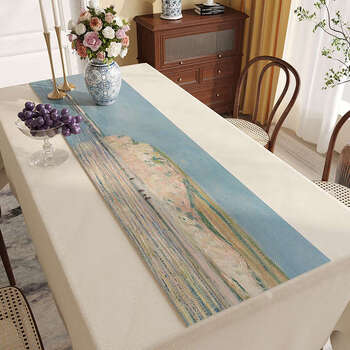 Yusenyi dining table no-wash waterproof oil-draining tv cabinet table mat oil painting coffee table mat sideboard cupboard cover cloth blue coast 33cmx240cm (2mm thickness wear-resistant and durable)