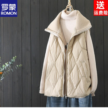 Romon 2026 autumn and winter new niche loose knitted collar down vest women's short vest high-end western style waistcoat khaki m 90-130 jin