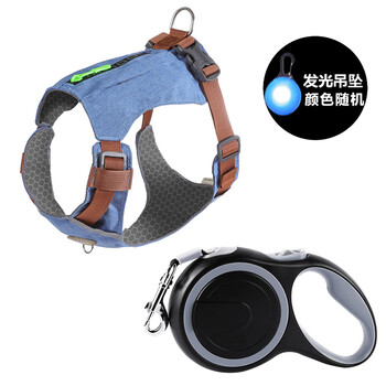 Pengmu internet celebrity small dog dog leash vest type teddy bichon schnauzer harness pet dog leash dog leash denim blue + 5 meters black retractable rope + night light s (recommended 6-10 pounds)