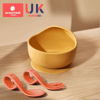 Kescoorl baby learns to eat training non-staple food bowl silicone children's tableware all-in-one baby special suction cup bowl anti-fall and easy to learn to eat two-piece set carlo yellow + elbow training spoon