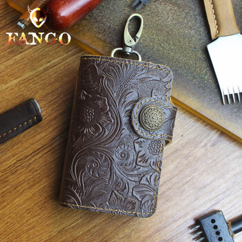 Fanguo handmade cowhide genuine leather car key bag for women, retro large capacity, multifunctional waist hanging keychain, men's coin card holder, carved brown