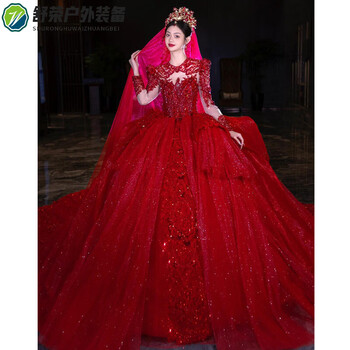 Oemg red french long-sleeved wedding dress for women 2025 new bride heavy industry luxury high-end trailing ancient going out main yarn red trailing wedding dress (comes with veil, gloves and skirt support) xs