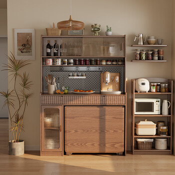 Clcey solid wood sideboard dining table integrated living room wall high cabinet storage cabinet dining room with folding dining table cabinet wine cabinet solid wood sideboard (with electric rail) + dining table - walnut color 130x42x184cm