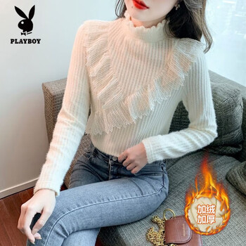 Playboy (playboy) autumn and winter velvet half turtleneck long-sleeved lace shirt women's long-sleeved top new ruffled temperament fashionable bottoming shirt apricot full body plus velvet s 85-95 pounds