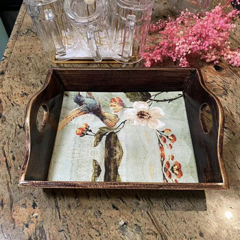 Shi jin serving tray european wooden tray rectangular living room fruit tray home dish tray creative water cup tea tray flower and bird small tray 30 cm long 25 cm wide