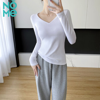 Nomev collar solid color bottoming shirt for women with autumn and winter right shoulder long-sleeved t-shirt slim stretch top white m