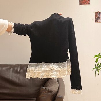 Shantou lincun thickened knitted inner bottoming shirt for women in autumn and winter pleated waist top with fungus edge heavy lace hem black s