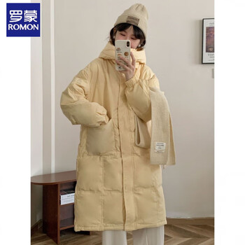 Lomon down jacket women's mid-length 2025 new hooded thickened small over-the-knee winter loose jacket white duck down creamy yellow s 80-120 jin