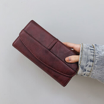 Wholesale fashion new korean style soft leather wallet women's long multi-card slot tri-fold pu clutch large banknote coin purse a801 dark red single bag