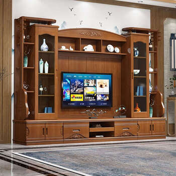 Yusenyi solid wood tv cabinet modern integrated cabinet floor-standing background wall cabinet storage storage cabinet multi-functional bookcase background cabinet 280x45x200 walnut color assembly
