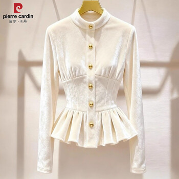 Pierre cardin french waist slimming gold velvet shirt for women 2026 autumn and winter new style huge good-looking skirt long-sleeved top off-white m 91-105 pounds
