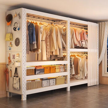 Moridi steel coat rack butterfly hole shelf combination wardrobe household open simple clothes rack floor iron art storage rack three-layer main rack - soft white - height 160 length 80 width 40 excluding clothes rod single layer 350 jin
