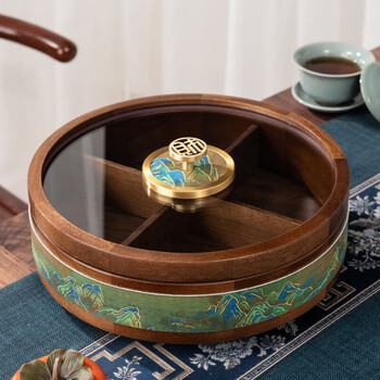Musong dried fruit plate new chinese style household solid wood living room coffee table snacks melon seeds and nuts storage box fruit plate candy plate qianli jiangshan golden wealth handle - four palaces - rotatable 1 level