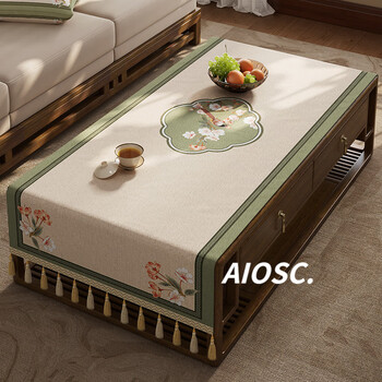 Aiosc high-end new chinese style solid wood coffee table tablecloth zen fabric chinese style rectangular dining table tablecloth sideboard tv cabinet quyi bilateral b tassel rice chenille 80*200cm including tassel size