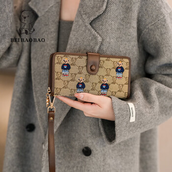 Beibei bag foreign style retro cartoon bear bag casual clutch bag embroidered korean version ins women's coin purse long version - khaki