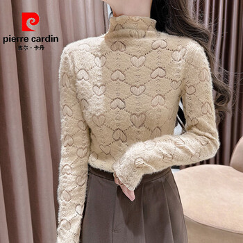 Pierre cardin fashionable western style brushed lace bottoming shirt autumn and winter new half turtle collar with velvet warm long sleeve top for women khaki high quality velvet l recommended 110-119 catties
