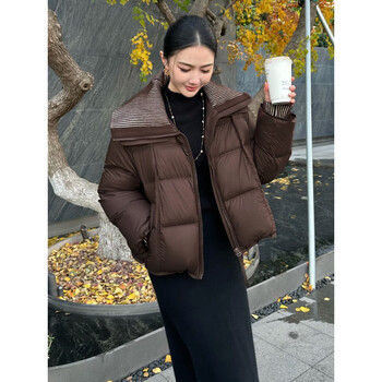 Ksoeur k sister advanced warm winter 90 white duck down + wool knitted large lapel box style down jacket for women rum brown l 125-145 catties