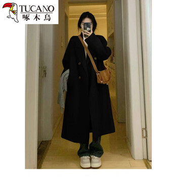 Woodpecker down jacket lining wool woolen coat women's long 2025 winter new small coat style trendy black quilted style free insurance xs recommended 85-105 catties hangzhou quality