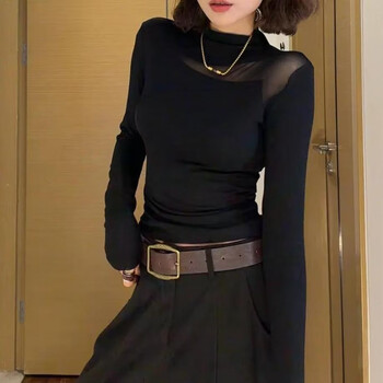 Fanmixing's new autumn and winter half-high collar mesh german velvet temperature-locking slim fit bottoming shirt with inner top black l recommended 105-115 catties