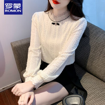 Romon stand-up collar lace bottoming shirt for women, velvet and thickened, winter new fashionable fashionable top, apricot color, spring and autumn style*29083, high quality s