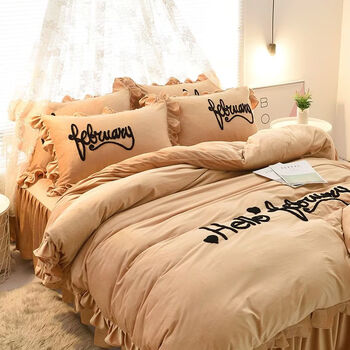 Fantasy autumn and winter korean ruffled bed skirt style bed four-piece set high weight crystal velvet french velvet bedspread quilt cover sheets hellobeauty camel crystal velvet bed sheet 2.0 meter bed skirt style four-piece set