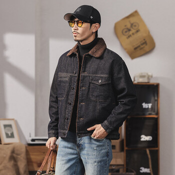 Chaoyugong american heavyweight sherpa denim jacket men's autumn and winter new trendy brand loose casual men's handsome work jacket blue black m suitable for 100-125 pounds