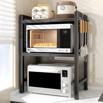 Ke xiangtu kitchen microwave storage rack retractable tabletop rice cooker stand countertop double layer oven pot storage rack black double layer retractable with hook