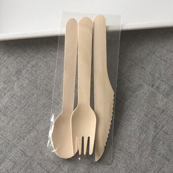 Qiao bo lai environmentally friendly tableware disposable wooden knife, fork and spoon set with wooden knife, fork and spoon, cake dessert, birch wood fork and spoon, 16cm knife + fork + spoon, transparent film, 100 sets