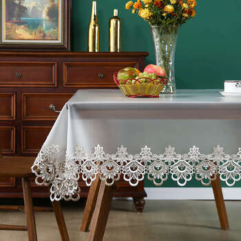 Yusenyi transparent soft crystal plate tablecloth lace lace hanging edge waterproof and oil-proof non-slip plastic disposable table mat frosted crystal plate (brown lace) 130x130cm square (including lace size)